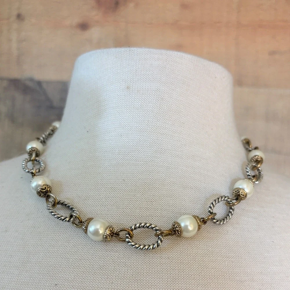 Premier Designs Mixed Metal Faux Pearl Rope Chain Link Necklace Two Tone